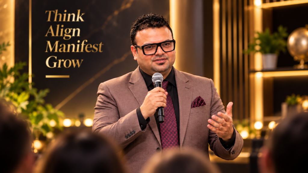 Promotional portrait of Dr. Nikhil Jain holding a microphone and speaking to an audience
